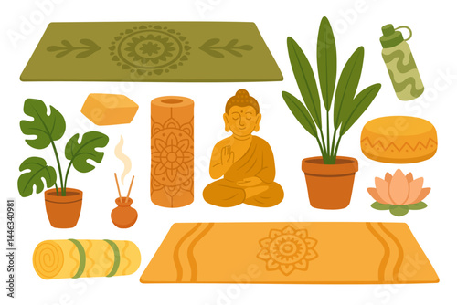 Vector yoga accessories in warm tones for wellness, sport and meditation projects.