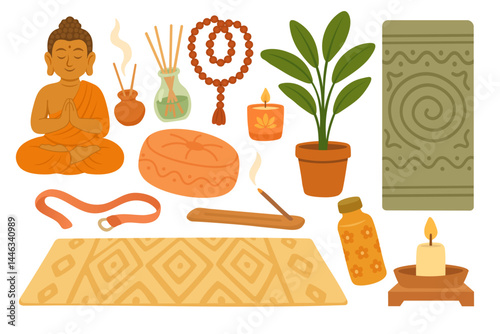 Colorful vector yoga items including mat, accessories and decor in relaxing style.