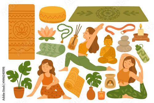 Colorful vector yoga collection with poses, props, plants and calm elements.