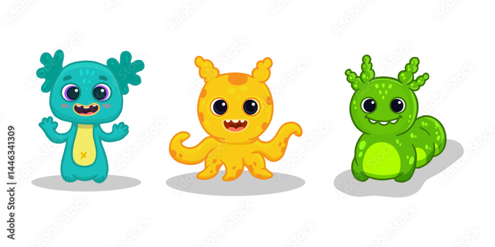 Obraz premium Big set of cartoon monsters. Cute monsters. Kids funny character design for posters, cards., magazins. Vector illustration 