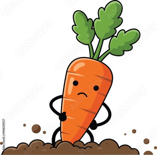 Cartoon sad orange carrot character standing in brown soil with green leaves vector illustration 
