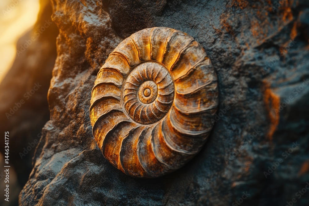Close-up of a fossilized ammonite shell on a dark rock, illuminated by warm sunlight, highlighting its intricate spiral pattern. Close-up of a fossilized ammonite shell on a dark rock, illuminated by warm sunlight, highlighting its intricate spiral pattern.