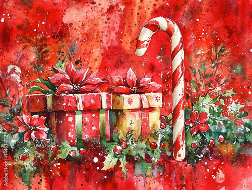 Christmas Holiday Gift Festive Poinsettia Red Candy Decoration Ornament Vibrant Celebration Cheerful Winter Surprise Happy Wrapped Plant Green Textured Background Sparkle Painting Season Party