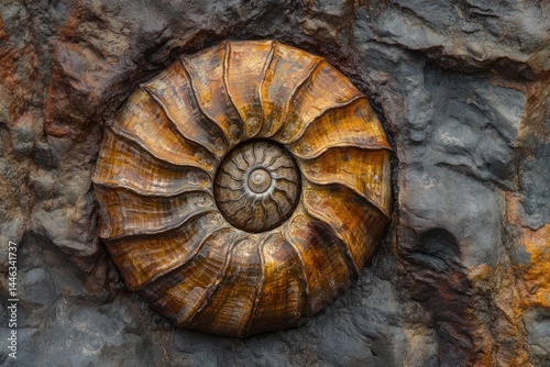 A polished golden-brown ammonite fossil is embedded in dark, weathered stone, showcasing ancient sea life and geological history.