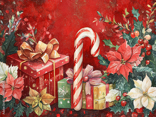 Christmas Candy Festive Gifts: Red Green Poinsettia Flowers Holiday Decorations Presents Ornaments Hand-Painted Illustration Jolly Merry Vintage Design Traditional Cheerful Cozy Family Gathering