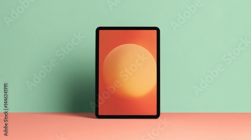 Free Download Black tablet with a large orange circle on the screen. the tablet is placed on a pink surface with a light green background. - GFXLoad