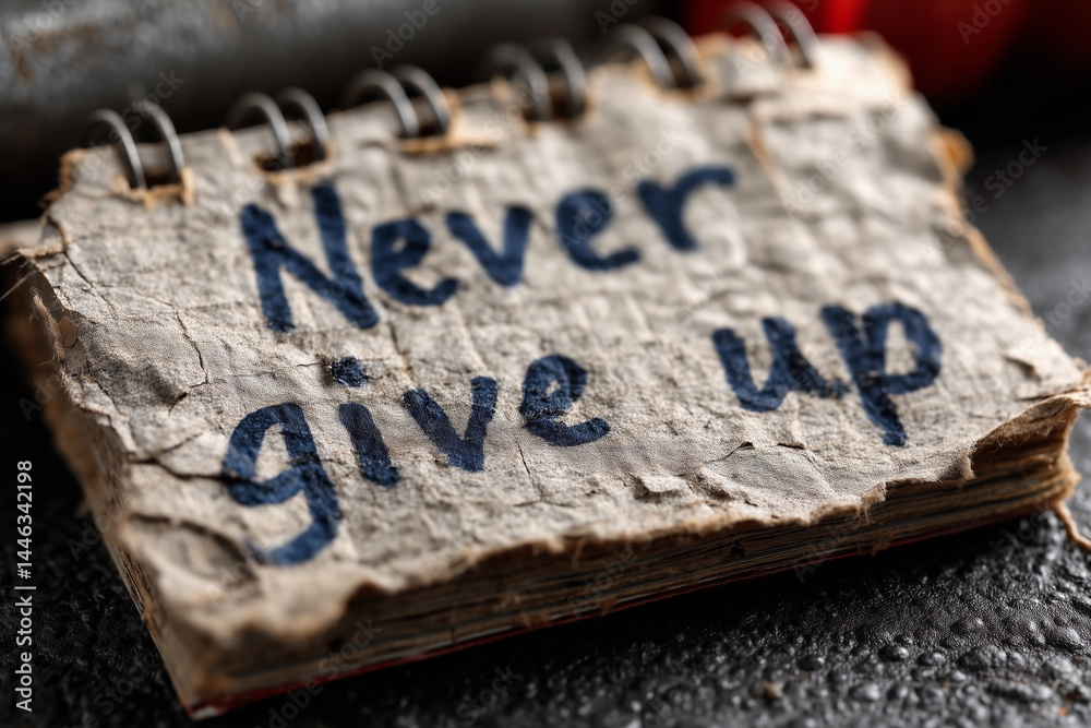 Obraz premium On a weathered surface, a torn notebook page showcases the bold, handwritten message Never give up