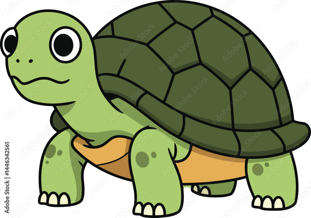 Fototapeta premium Cute green turtle cartoon character with dark shell vector illustration for children and nature themes 