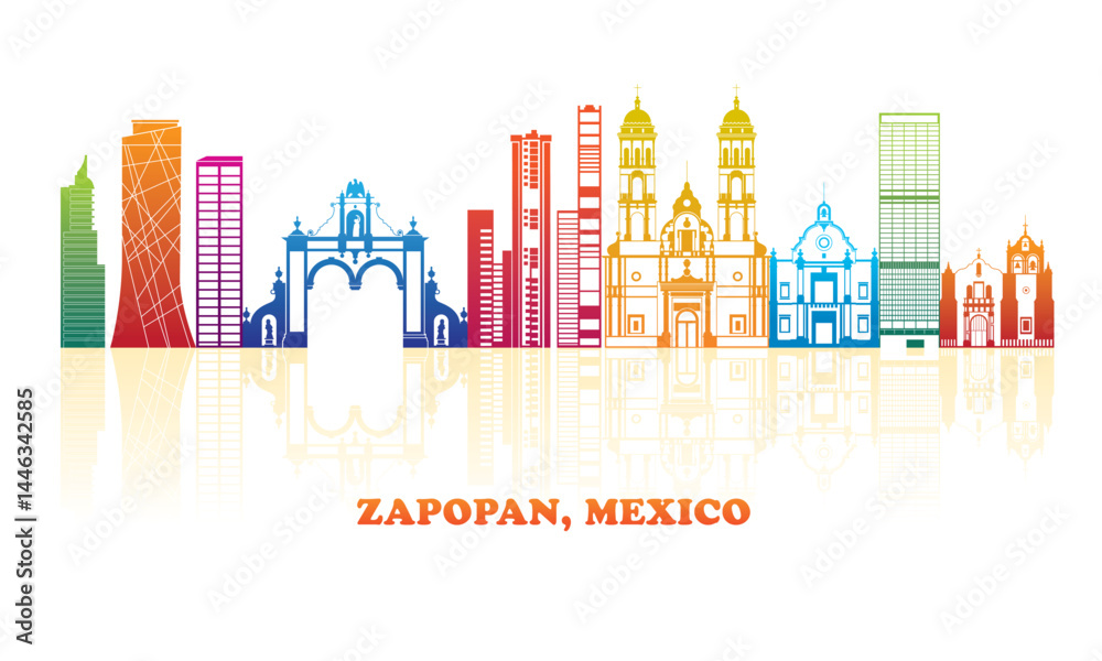 Colourfull Skyline panorama of city of Zapopan, Mexico - vector illustration