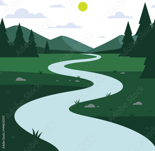 Winding river flowing through green forest valley with distant mountains and bright sun vector illustration 
