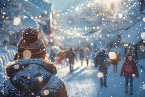 Witness the magical unity and warmth of a snowy embrace, where camaraderie and neighborly spirit shine through, creating a benevolent and glistening essence that envelops the town in a beautiful veil 