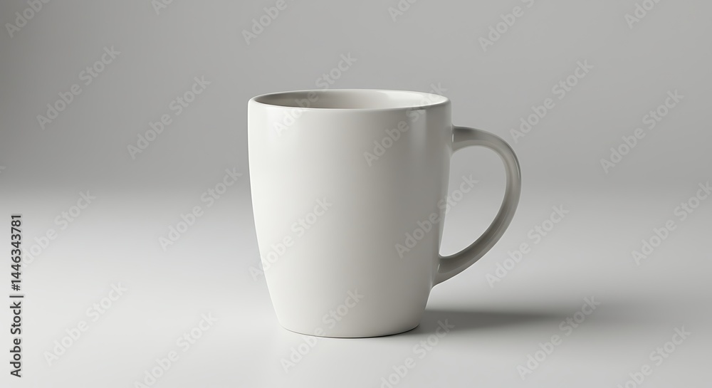 Fototapeta premium A pristine white mug, gracefully centered, stands out against a soft, understated gray backdrop.