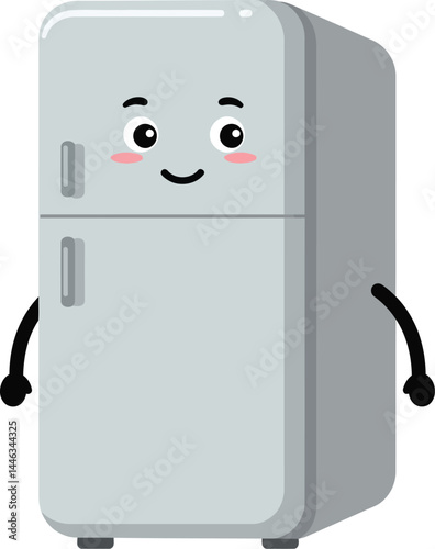 Friendly gray refrigerator cartoon character with smiling face and blushing cheeks vector illustration 