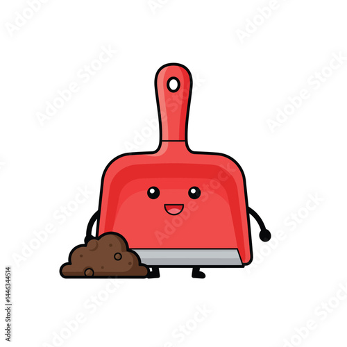 Cute red dustpan cartoon character holding pile of dirt vector illustration with happy expression