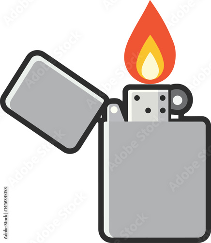 Metal flip top lighter with bright flame ignition vector illustration simple style 