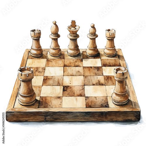 Wooden Chessboard With Carved Pieces, watercolor vector, isolated on a white background.