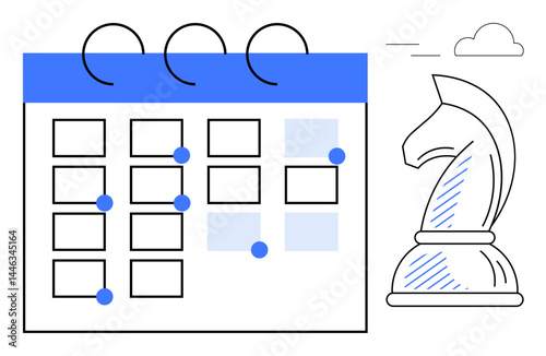 Calendar with marked dates and chess knight suggesting idea of strategy, planning, organization, and timing. Ideal for business, scheduling, leadership, goal setting, time management strategy