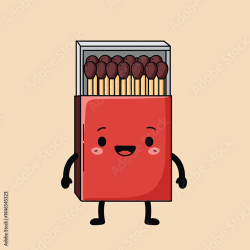 Cute happy red matchbox character with smiling face and arms vector illustration 