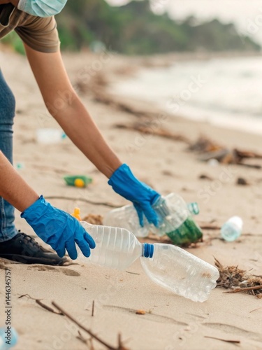 Gloved hands collecting plastic bottles on a sandy beach environmental cleanup action coastal environment close-up view focus on sustainability