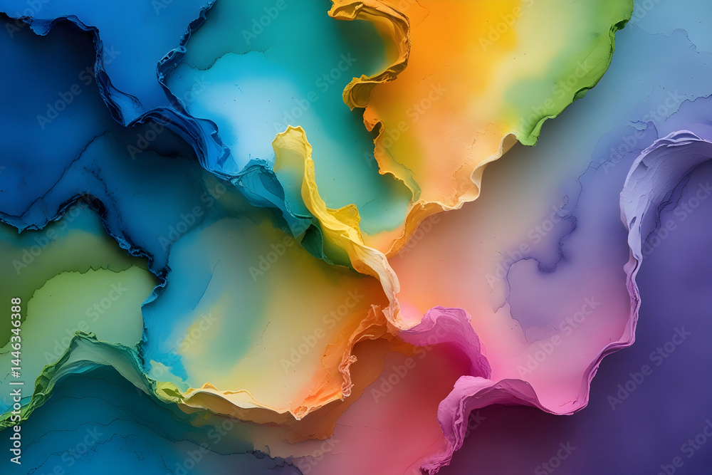 Obraz premium Vibrant Watercolor Abstract Background with Rich Texture and Blended Washes of Blue, Green, Yellow, Orange, Pink, and Purple for Artistic Design Projects, High-Quality Painterly Blend Ideal for Creati