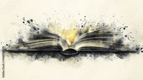 Open book resting horizontally with dynamic watercolor ink wash elements, perfect for literary projects