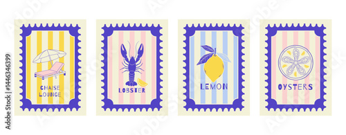 A set of hand-drawn summer-themed posters. Vertical backgrounds with lemon, lobster, chaise lounge, and oysters. Vector design styled as vintage postage stamps.