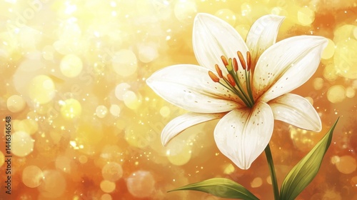 Elegance of White Lily Blossom Against Golden Bokeh Light, Celebrating Floral Harmony and Timeless Beauty with Painterly Strokes