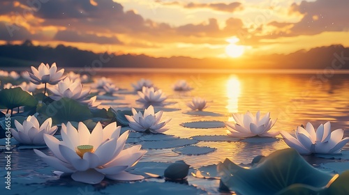 Tranquil lotus field glowing horizon pictures