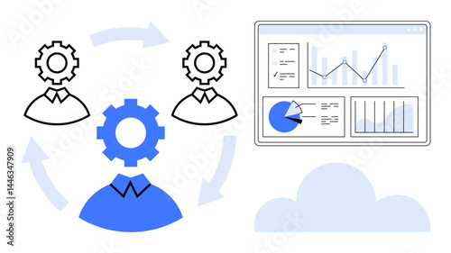 Team icons connected through gears and circular flow, data dashboard with graphs and charts, cloud. Ideal for teamwork, workflow, analytics, data sharing, cloud computing, progress tracking simple