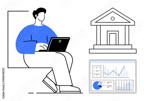 Man working on laptop, bank building symbol, and screen with graphs. Ideal for banking, finance, investments, data analysis, business growth, technology simple landing page
