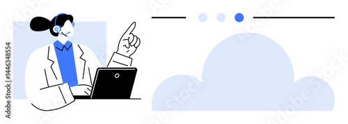 Customer support agent wearing headset, gesturing while using laptop, large cloud graphic, navigation elements. Ideal for customer service, cloud computing, remote work, technology, communication