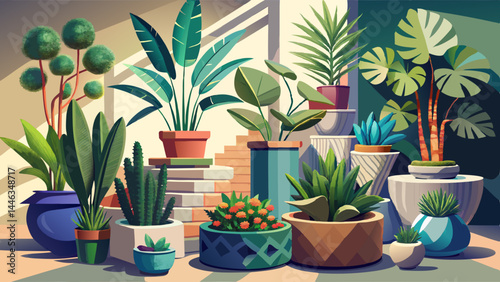 A curated plant collection in handcrafted ceramic planters.
Lush greenery meets contemporary form and finish.
Soft shadows and realistic modeling elevate the look.
Perfect for modern vector compositio