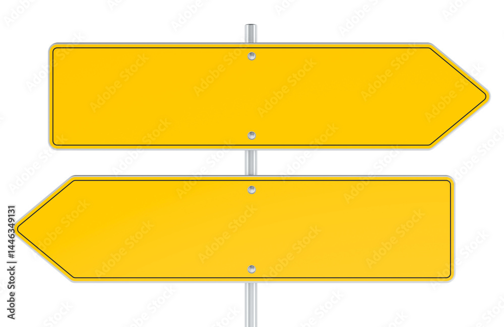 Obraz premium Two empty yellow traffic road sign arrows, opposite traffic signs, 3D rendering isolated on transparent background