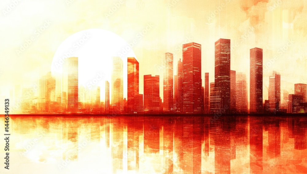 Fototapeta premium Fiery city skyline reflected in water at sunset
