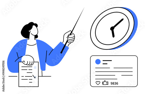 Person holding document, pointing at clock for time management, alongside social media post engagement. Ideal for productivity, education, social media, content planning, organization, communication