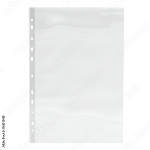 Sheet plastic protector, clear folder file. Punched pocket sheet, mockup empty A4. 3D rendering isolated on transparent background