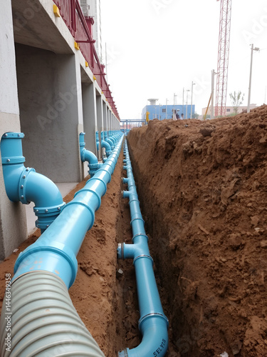 Modern water supply, sewerage system construction. Underground pipelines installed in trench encased in concrete pipe. Plastic pipes for water, wastewater disposal laid. Infrastructure project in