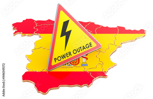Power Outage in Spain, concept. Power outage yellow triangle sign on Spanish flag. 3D rendering isolated on transparent background