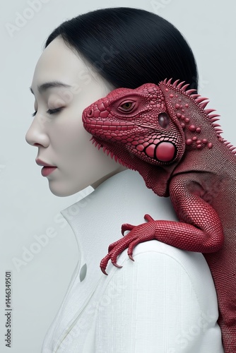 A woman with a red iguana on her shoulder