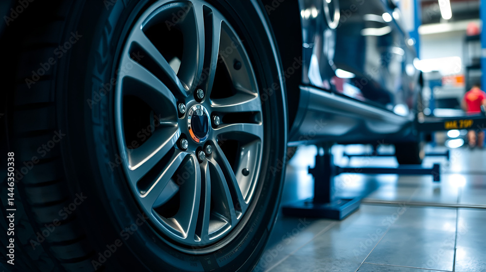Fototapeta premium Close up of car wheel alignment in auto repair shop