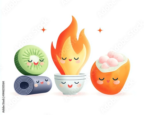 Balanced Wellness Fat-burning, Cute Cartoon Fruits and Vegetables with Smiling Faces and Flames