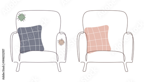 Single continuous line drawing of dirty and clean new armchair. Chair before and after restoration. Old dirty and restored. Editable one line stroke. Comparison concept. Broken and new furniture.