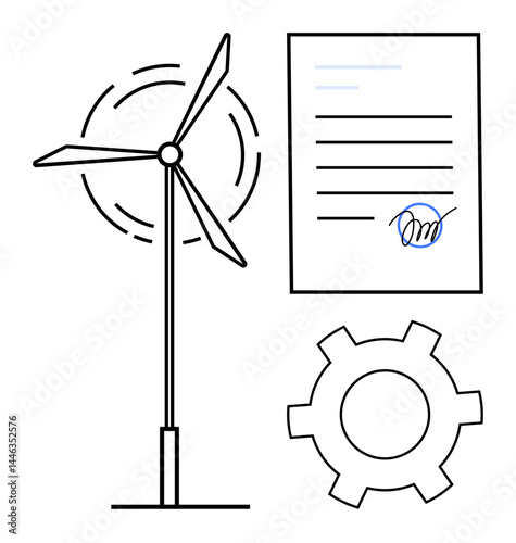 Wind turbine spinning, signed document with blue ink, and gear indicating contract, energy, and mechanics. Ideal for energy, environment, agreement, sustainability eco-technology industry simple