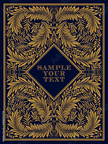 Antique frame in Art Nouveau style with a pattern of fantastic exotic tropical leaves and branches. Vintage classical style concept. Handmade drawing vector illustration.