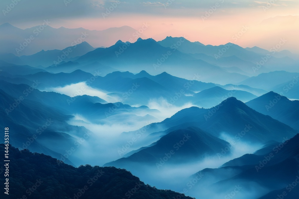 Fototapeta premium Mystic Blue Foggy Landscape Background – Dreamy Mountain Layers
