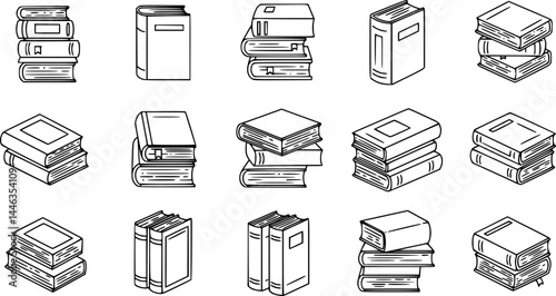 Open and closed paper books, bookshelf stack line icon. Outline hand drawn vintage diary, literature of bookstore, side and top view. Library mascots, simple books icon collection vector illustration