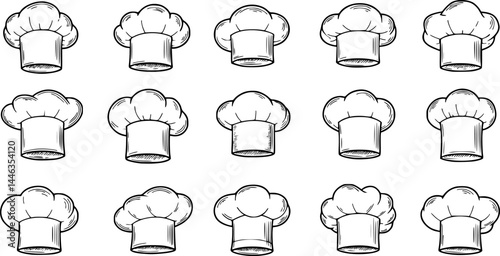 Chef hats contour icons set. Funny retro kitcheners caps of various shapes. Restaurant uniform, chef profession mascot, hand drawn toque of cookers and bakers icons collection vector illustration