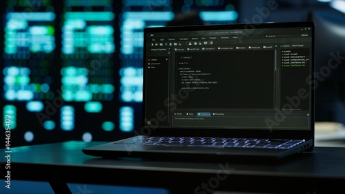 Fotografía Close up of code running on laptop screen in data center used for managing gear energy consumption