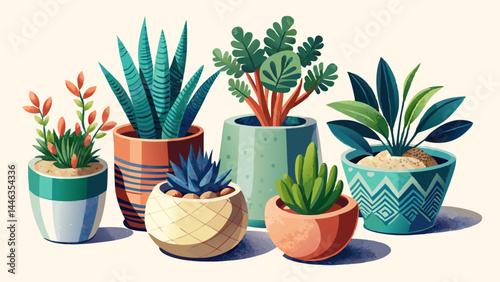 Each ceramic pot holds a plant with its own character.
From tropical to succulent, textures are beautifully detailed.
Clean white background highlights shape and shadow.
Ideal for product visuals, pri