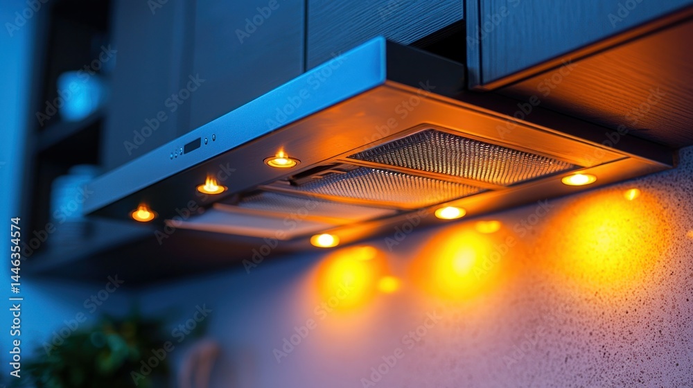 Obraz premium Kitchen vent hood with warm lights and dark cabinetry